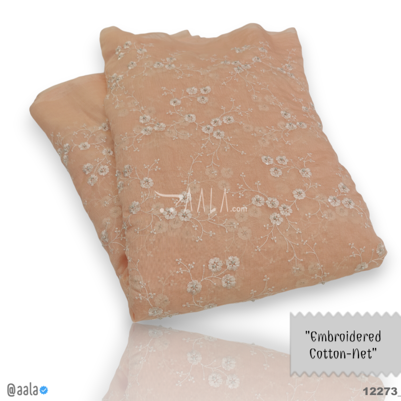 Embroidered-Jute Cotton Cotton 44-Inches PEACH Per-Metre 