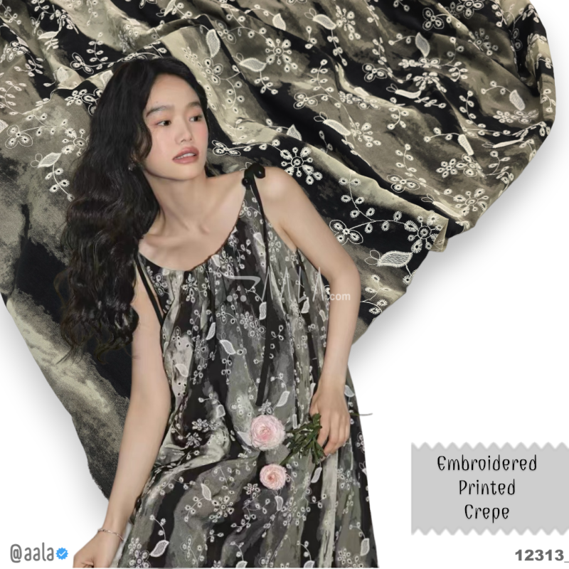 Printed-Embroidered Crepe Blend 52-Inches PRINTED Per-Metre 