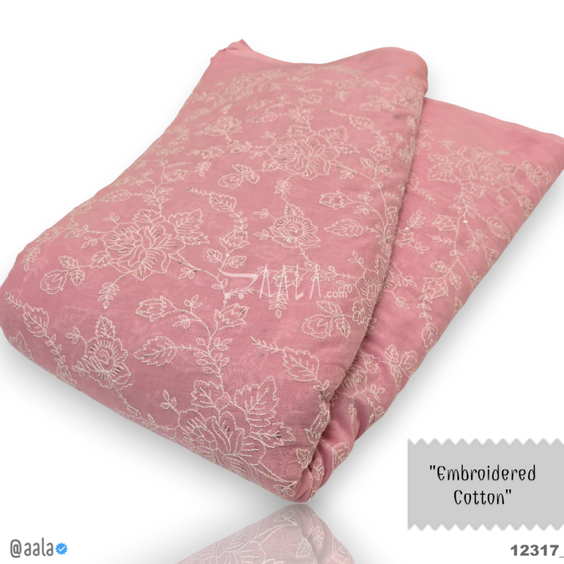 Embroidered Cotton Cotton 44-Inches PINK Per-Metre 

