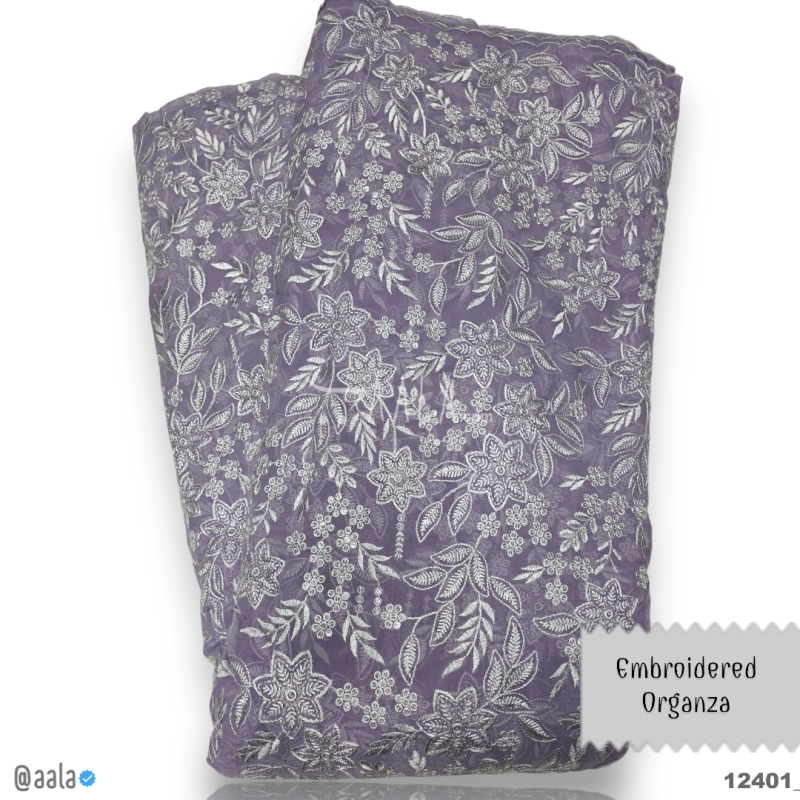 Embroidered Organza Viscose 44-Inches PURPLE Per-Metre