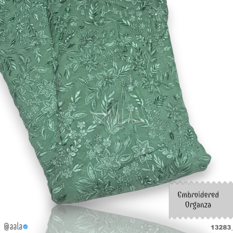 Embroidered Organza Viscose 44-Inches GREEN Per-Metre 