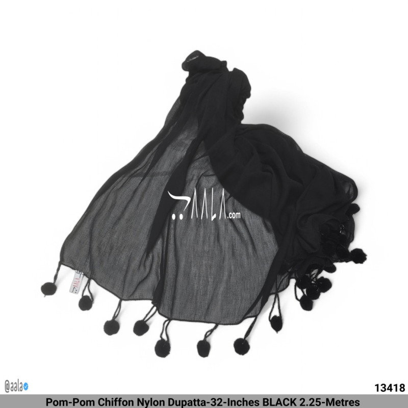 Pom-Pom Chiffon Nylon Dupatta-32-Inches BLACK 2.25-Metres 