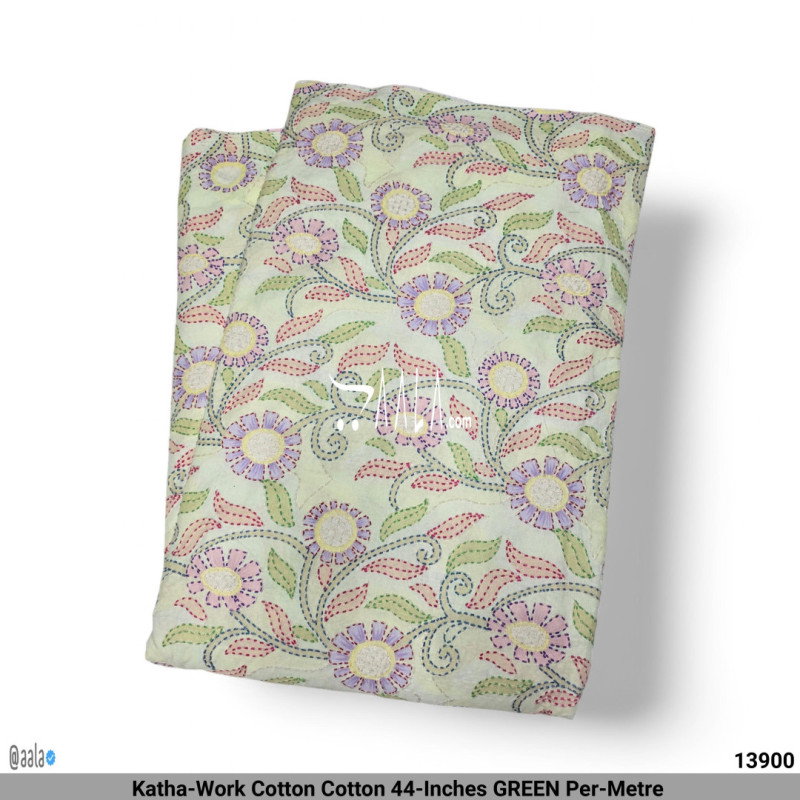 Katha-Work Cotton Cotton 44-Inches GREEN Per-Metre