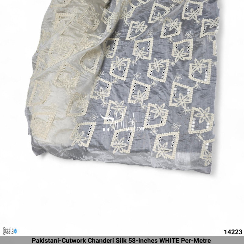 Pakistani-Cutwork Chanderi Silk 58-Inches WHITE Per-Metre 