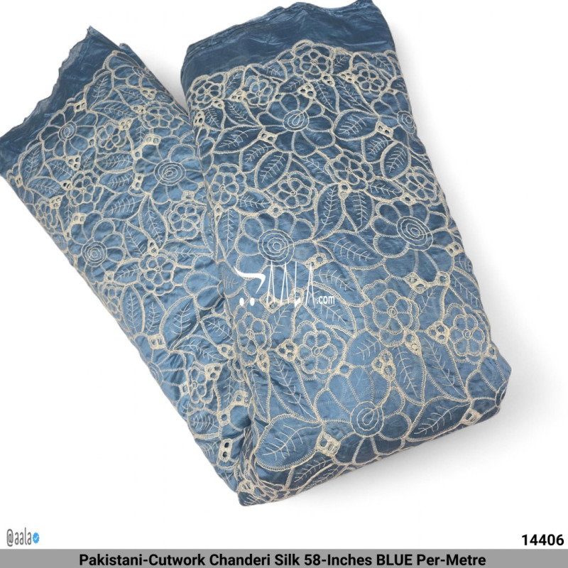 Pakistani-Cutwork Chanderi Silk 58-Inches BLUE Per-Metre 