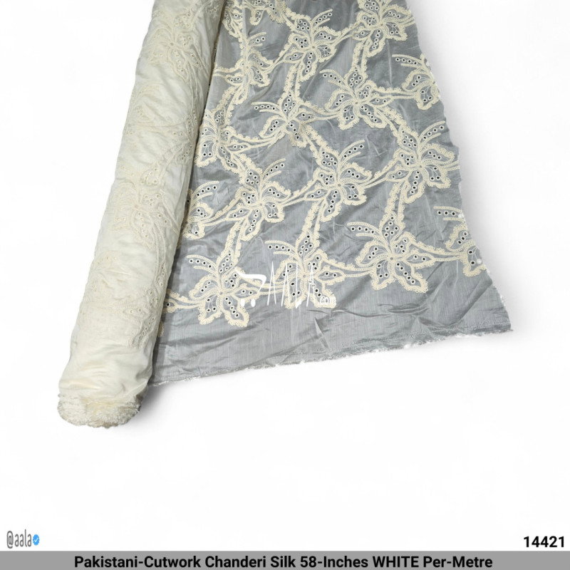 Pakistani-Cutwork Chanderi Silk 58-Inches WHITE Per-Metre 
