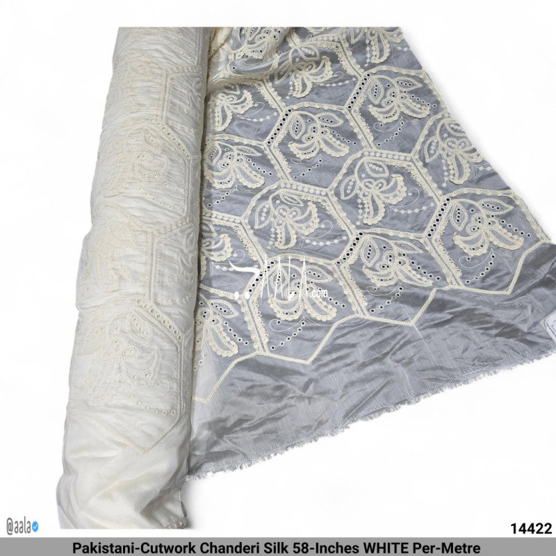 Pakistani-Cutwork Chanderi Silk 58-Inches WHITE Per-Metre 1