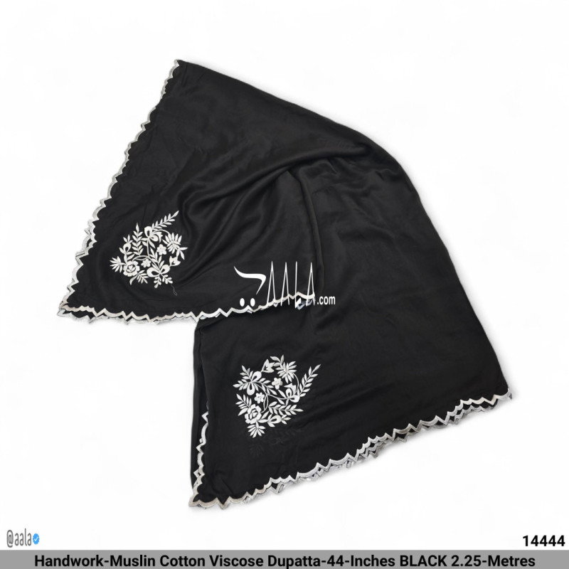 Handwork-Muslin Cotton Viscose Dupatta-44-Inches BLACK 2.25-Metres
