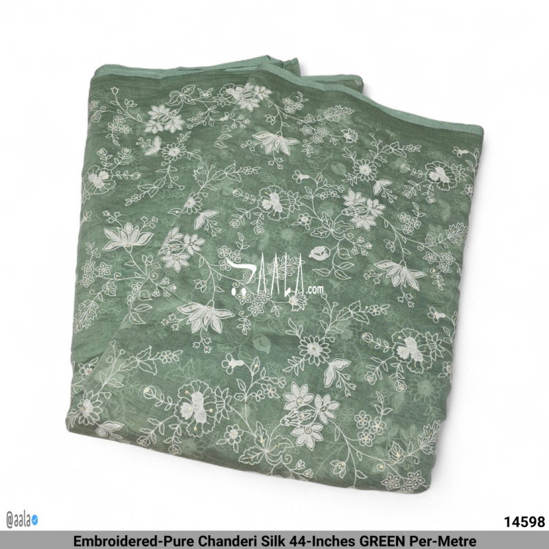 Embroidered-Pure Chanderi Silk 44-Inches GREEN Per-Metre