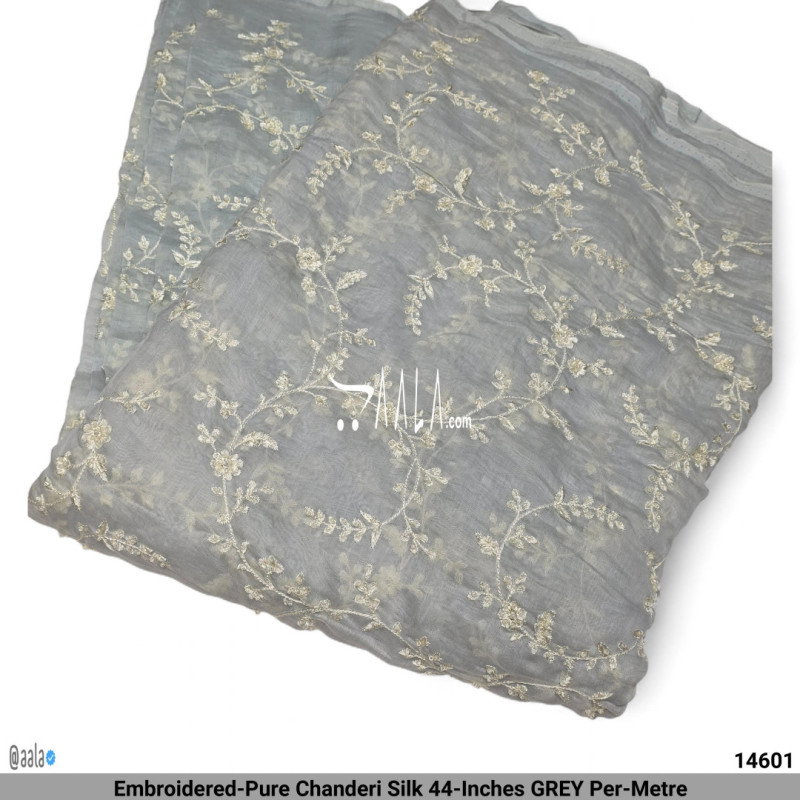 Embroidered-Pure Chanderi Silk 44-Inches GREY Per-Metre