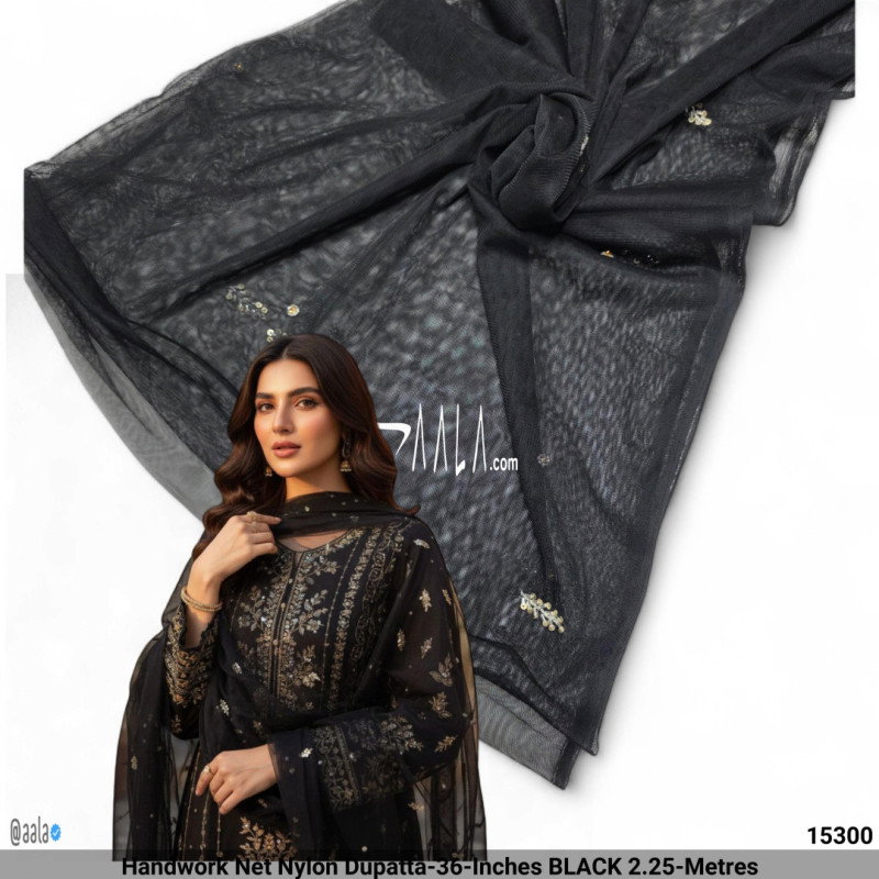 Handwork Net Nylon Dupatta-36-Inches BLACK 2.25-Metres
