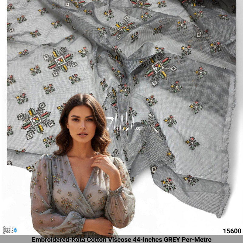 Embroidered-Kota Cotton Viscose 44-Inches GREY Per-Metre