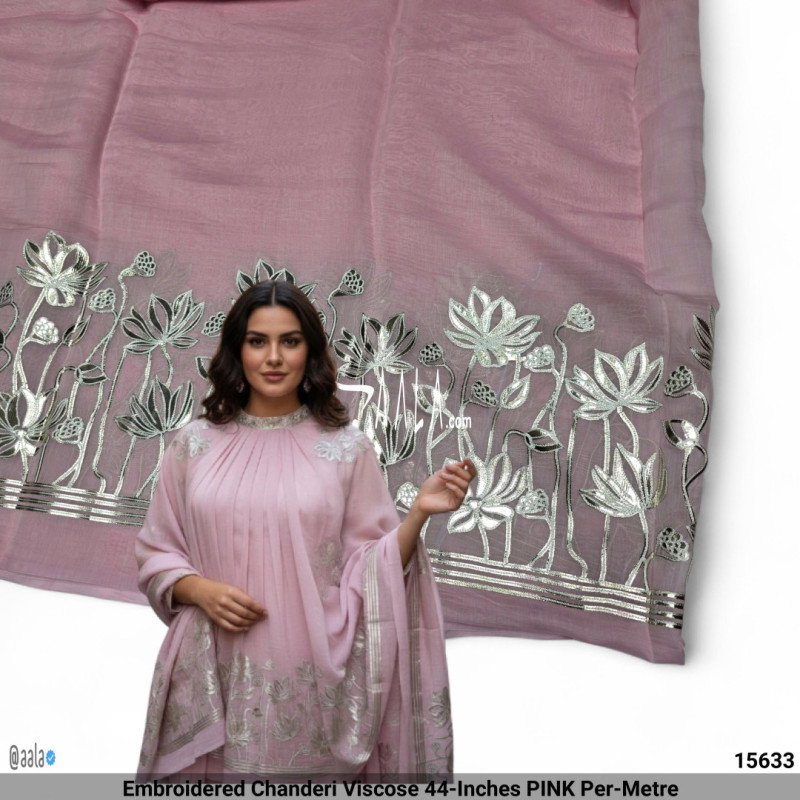 Embroidered Chanderi Viscose 44-Inches PINK Per-Metre