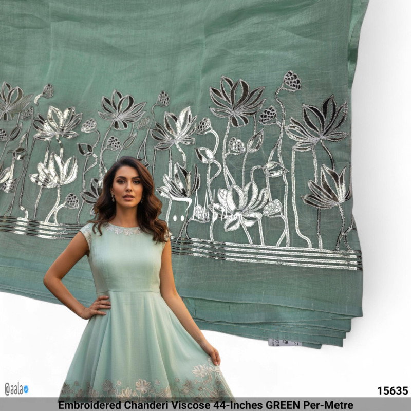 Embroidered Chanderi Viscose 44-Inches GREEN Per-Metre