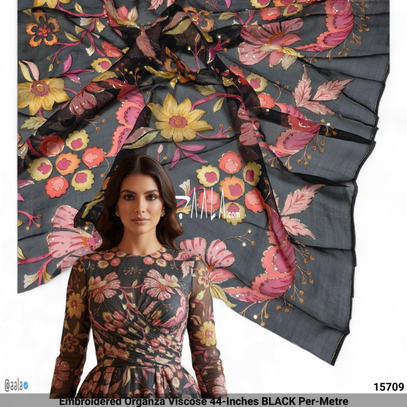 Embroidered Organza Viscose 44-Inches BLACK Per-Metre