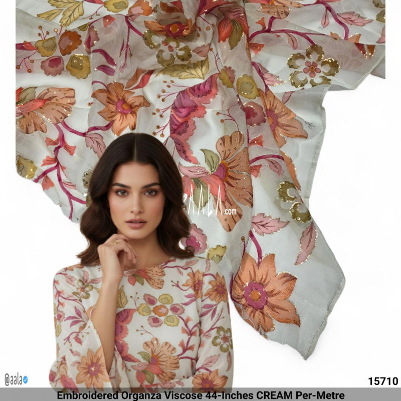 Embroidered Organza Viscose 44-Inches CREAM Per-Metre