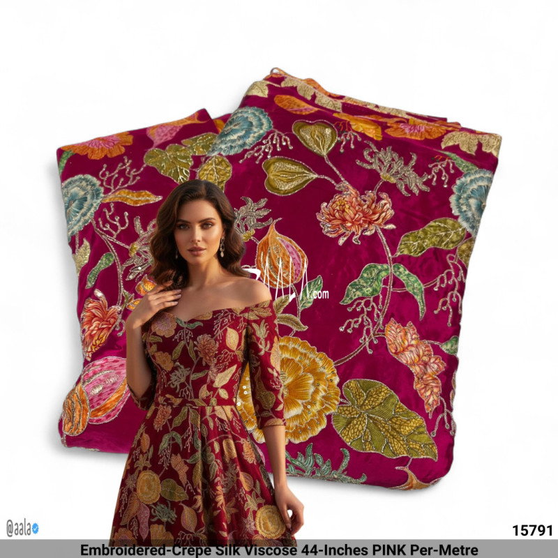Embroidered-Crepe Silk Viscose 44-Inches PINK Per-Metre