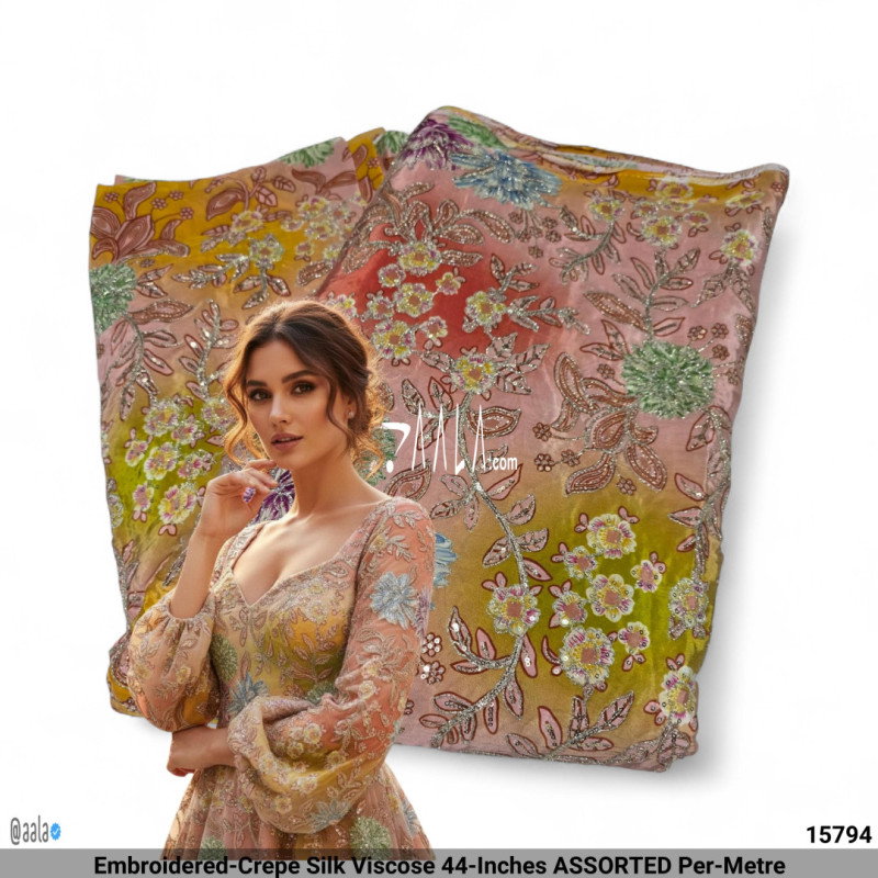 Embroidered-Crepe Silk Viscose 44-Inches ASSORTED Per-Metre