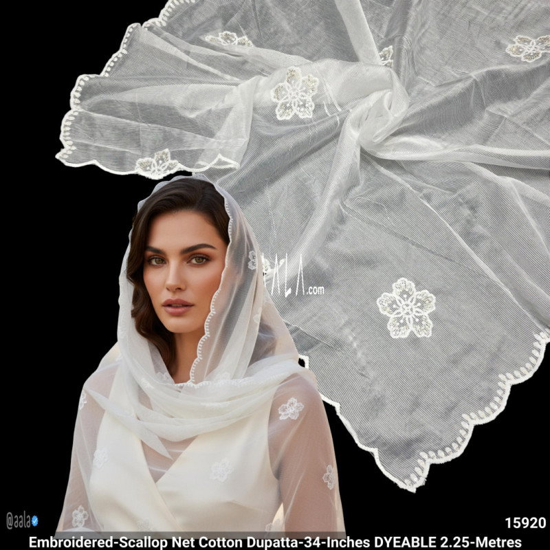 Embroidered-Scallop Net Cotton Dupatta-34-Inches DYEABLE 2.25-Metres