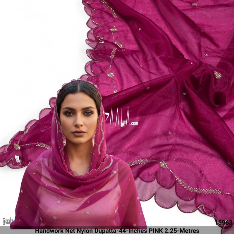 Handwork Net Nylon Dupatta-44-Inches PINK 2.25-Metres