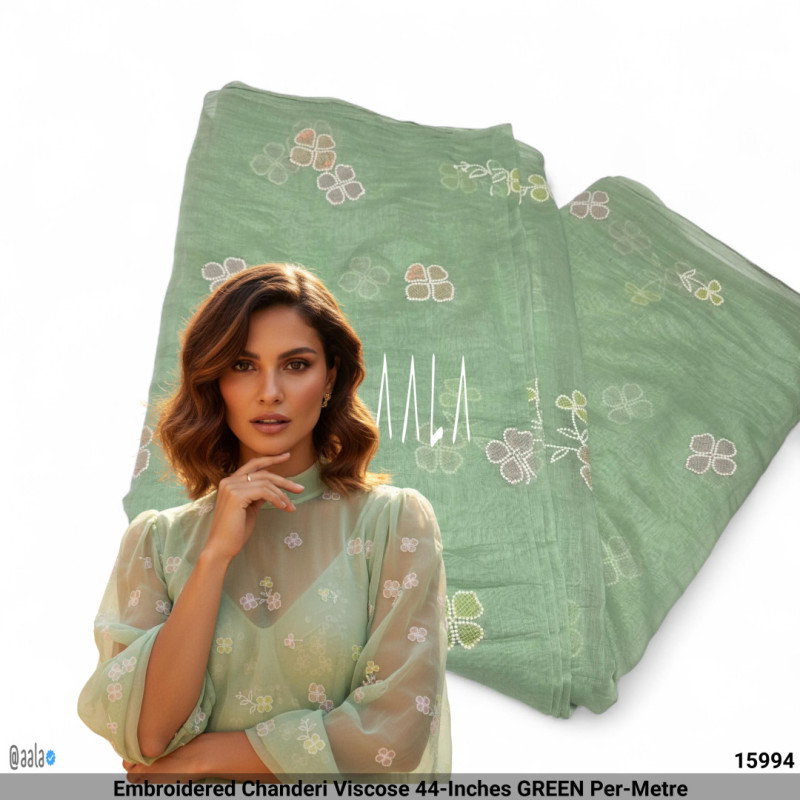 Embroidered Chanderi Viscose 44-Inches GREEN Per-Metre