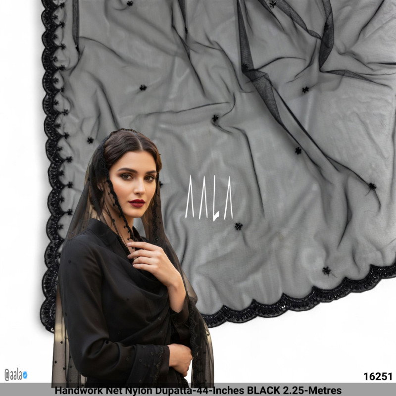 Handwork Net Nylon Dupatta-44-Inches BLACK 2.25-Metres