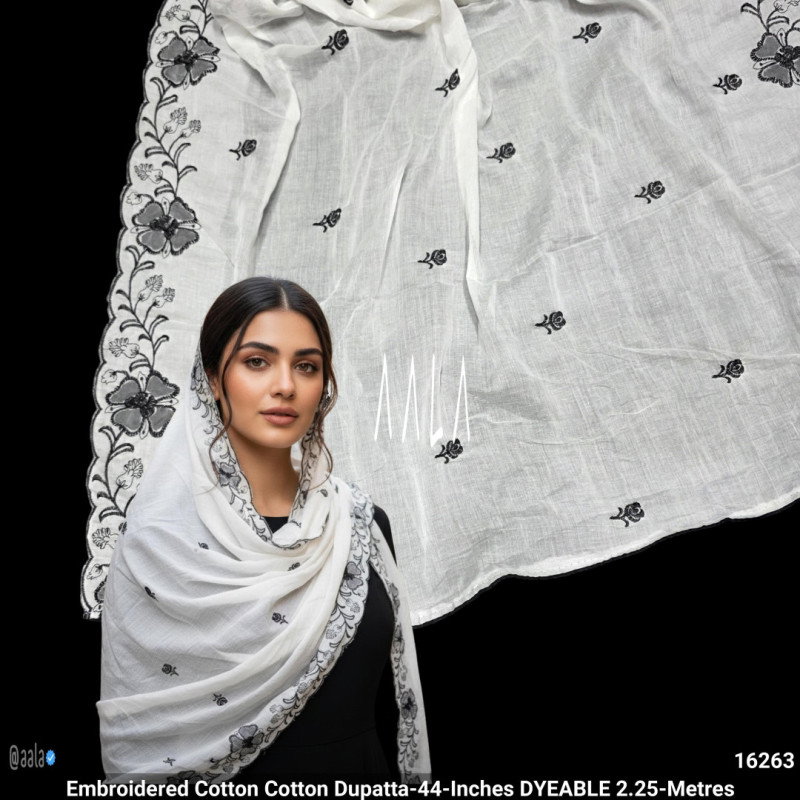 Embroidered Cotton Cotton Dupatta-44-Inches DYEABLE 2.25-Metres