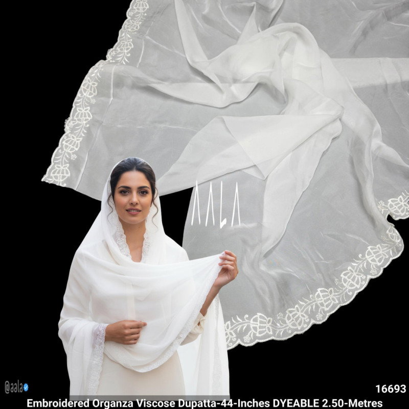 Embroidered Organza Viscose Dupatta-44-Inches DYEABLE 2.50-Metres