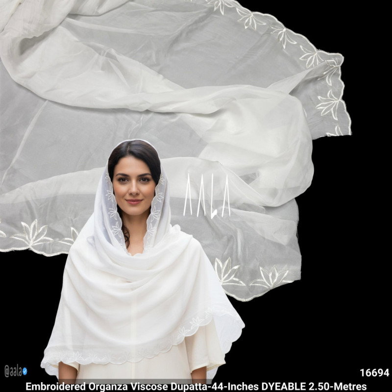 Embroidered Organza Viscose Dupatta-44-Inches DYEABLE 2.50-Metres