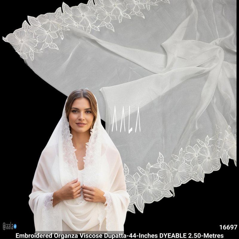 Embroidered Organza Viscose Dupatta-44-Inches DYEABLE 2.50-Metres