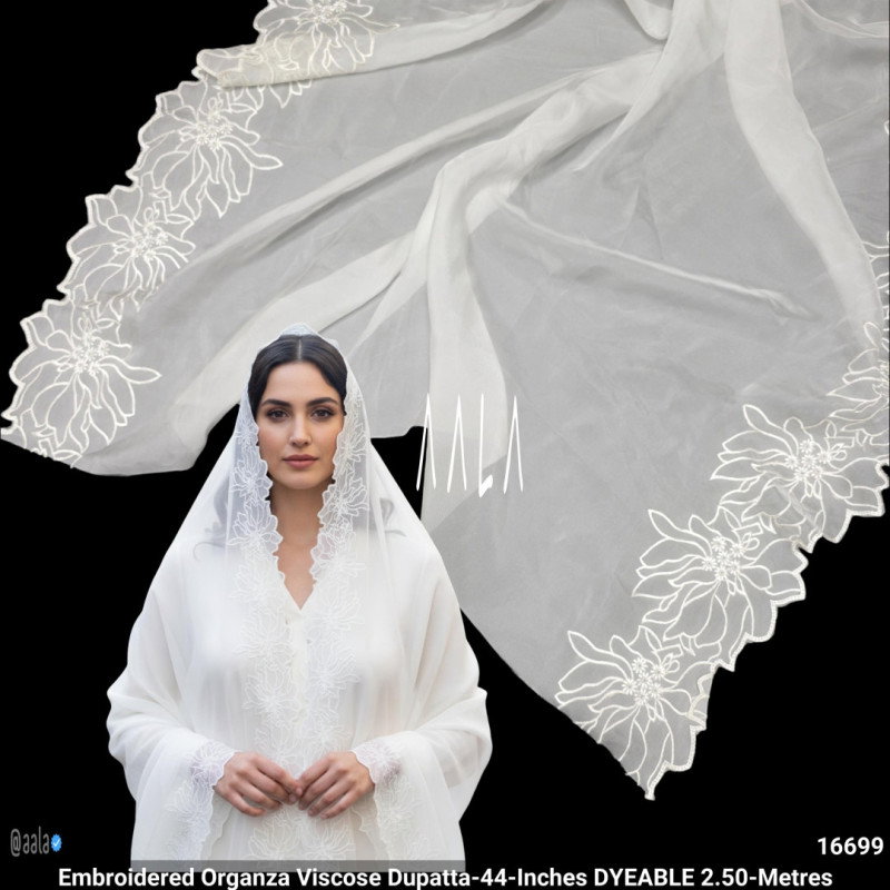 Embroidered Organza Viscose Dupatta-44-Inches DYEABLE 2.50-Metres