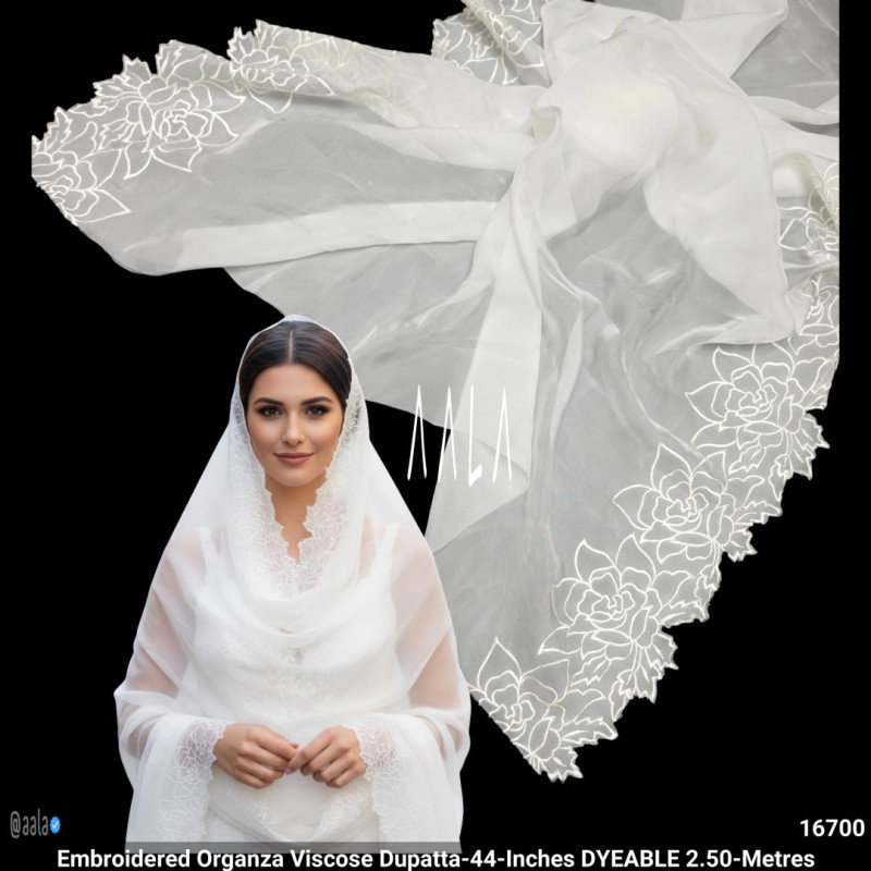 Embroidered Organza Viscose Dupatta-44-Inches DYEABLE 2.50-Metres