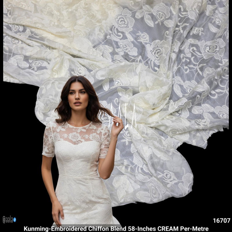 Kunming-Embroidered Chiffon Blend 58-Inches CREAM Per-Metre
