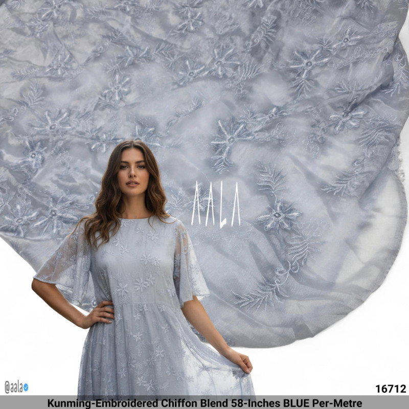 Kunming-Embroidered Chiffon Blend 58-Inches BLUE Per-Metre
