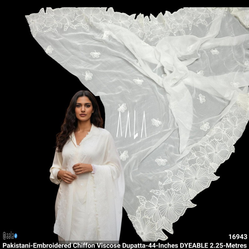 Pakistani-Embroidered Chiffon Viscose Dupatta-44-Inches DYEABLE 2.25-Metres