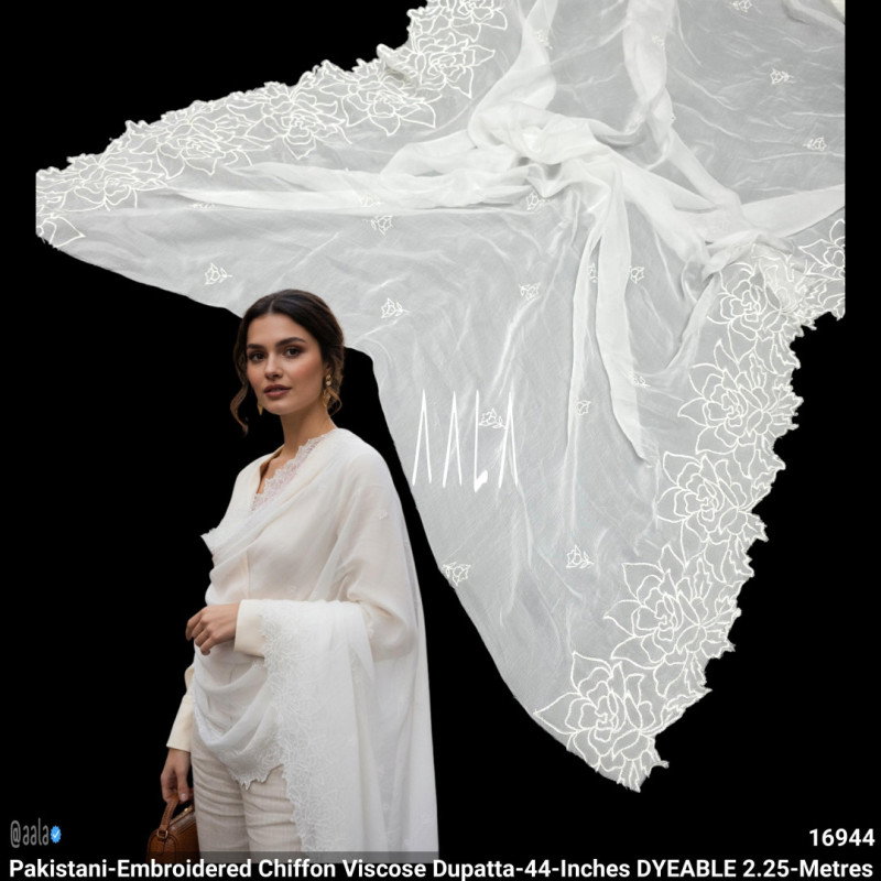 Pakistani-Embroidered Chiffon Viscose Dupatta-44-Inches DYEABLE 2.25-Metres