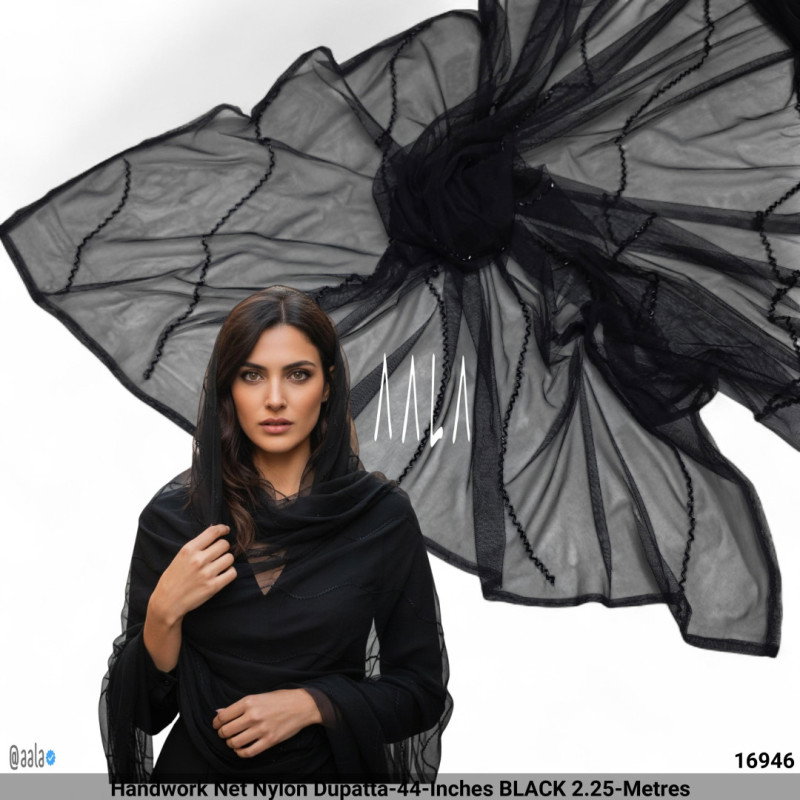 Handwork Net Nylon Dupatta-44-Inches BLACK 2.25-Metres