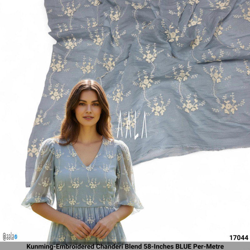 Kunming-Embroidered Chanderi Blend 58-Inches BLUE Per-Metre