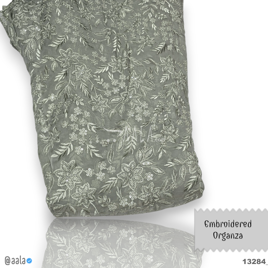 Embroidered Organza Viscose 44-Inches GREEN Per-Metre 