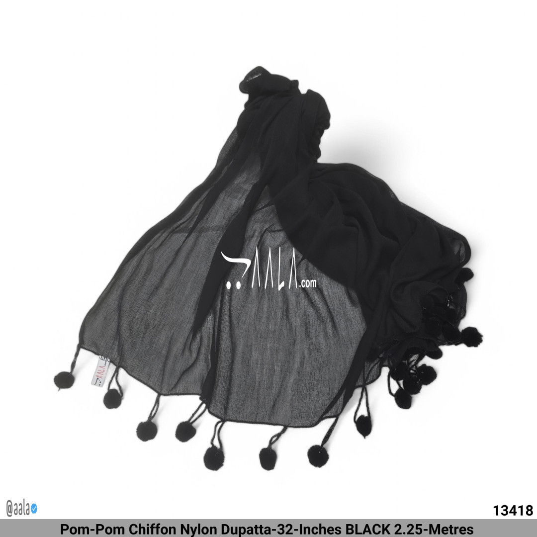 Pom-Pom Chiffon Nylon Dupatta-32-Inches BLACK 2.25-Metres 