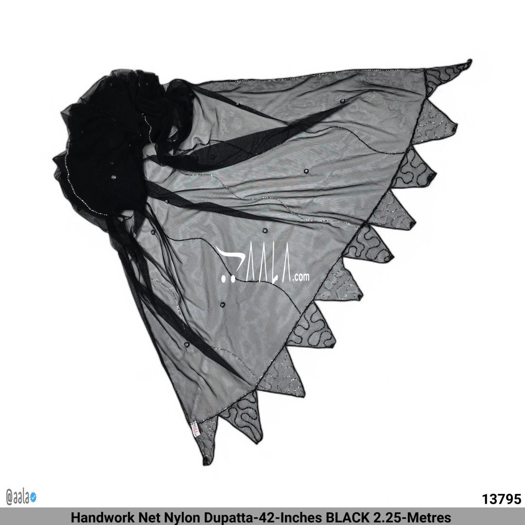 Handwork Net Nylon Dupatta-42-Inches BLACK 2.25-Metres #13795