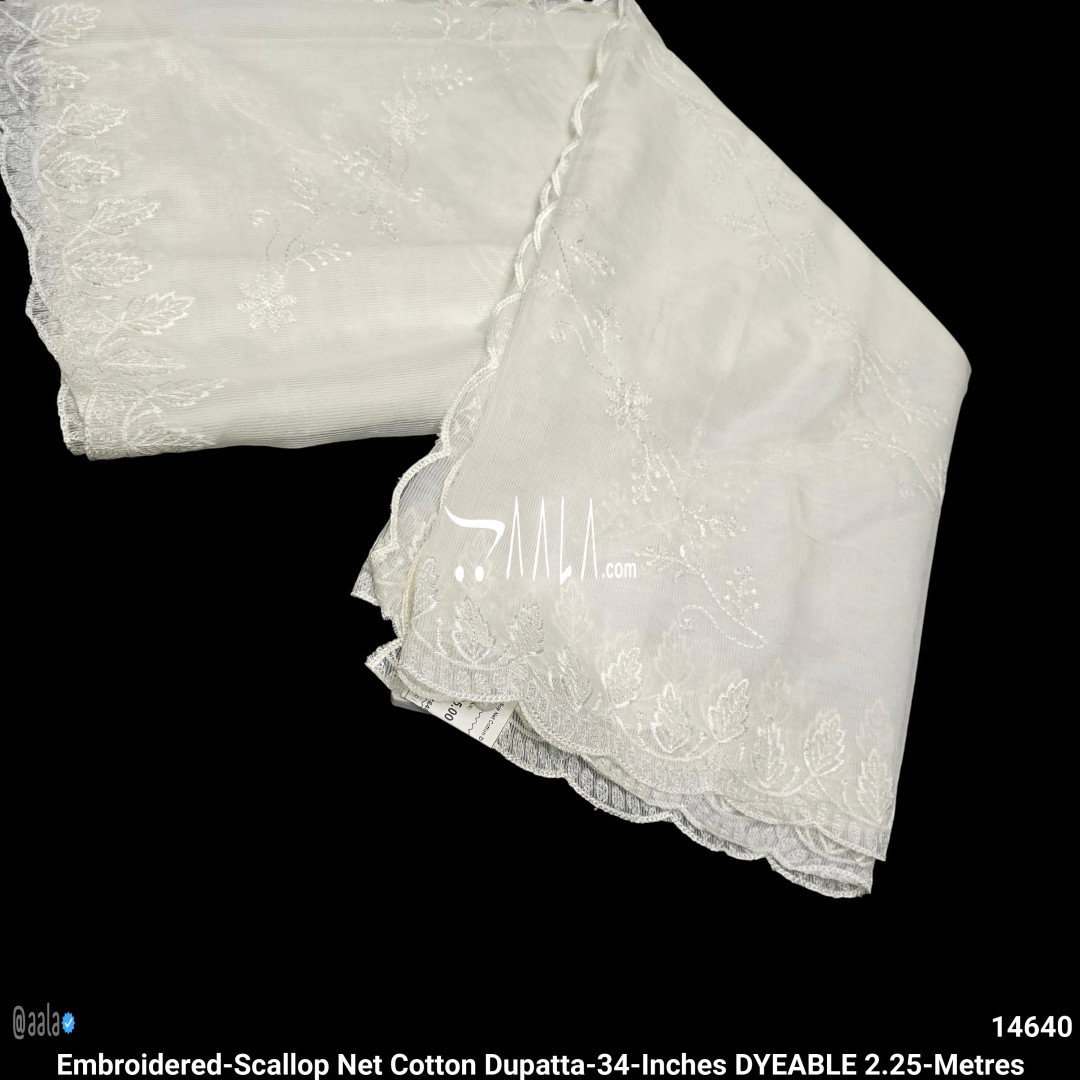 Embroidered-Scallop Net Cotton Dupatta-34-Inches DYEABLE 2.25-Metres