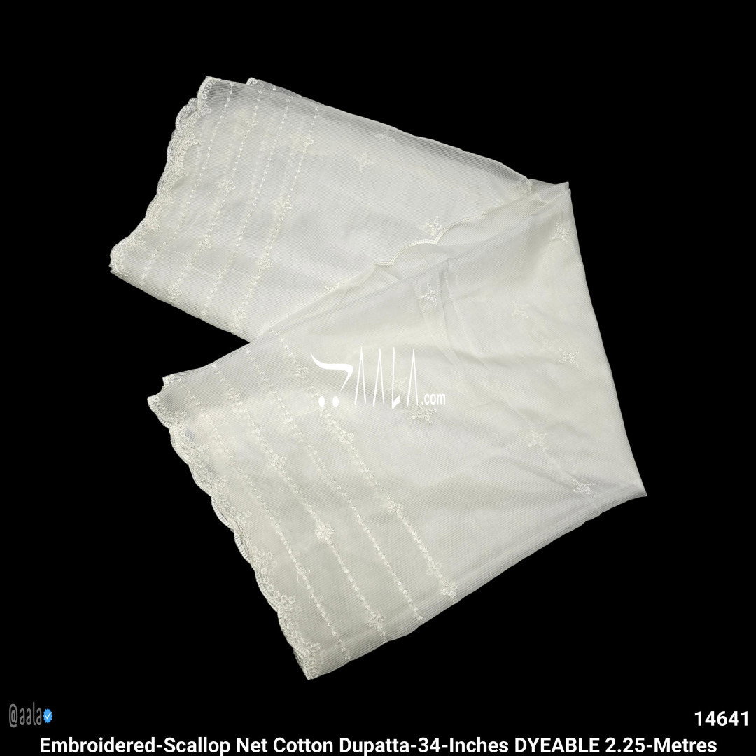 Embroidered-Scallop Net Cotton Dupatta-34-Inches DYEABLE 2.25-Metres