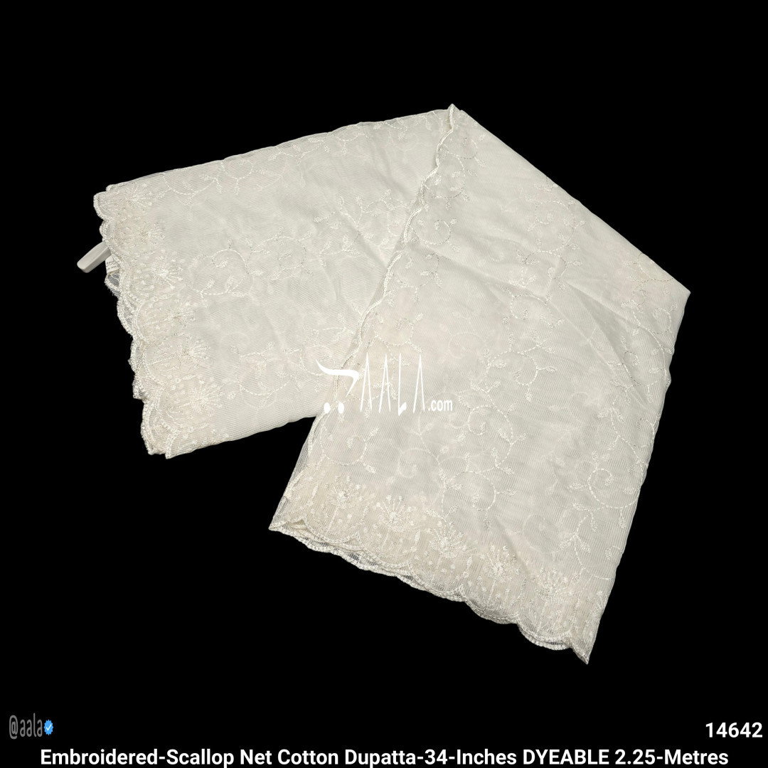Embroidered-Scallop Net Cotton Dupatta-34-Inches DYEABLE 2.25-Metres