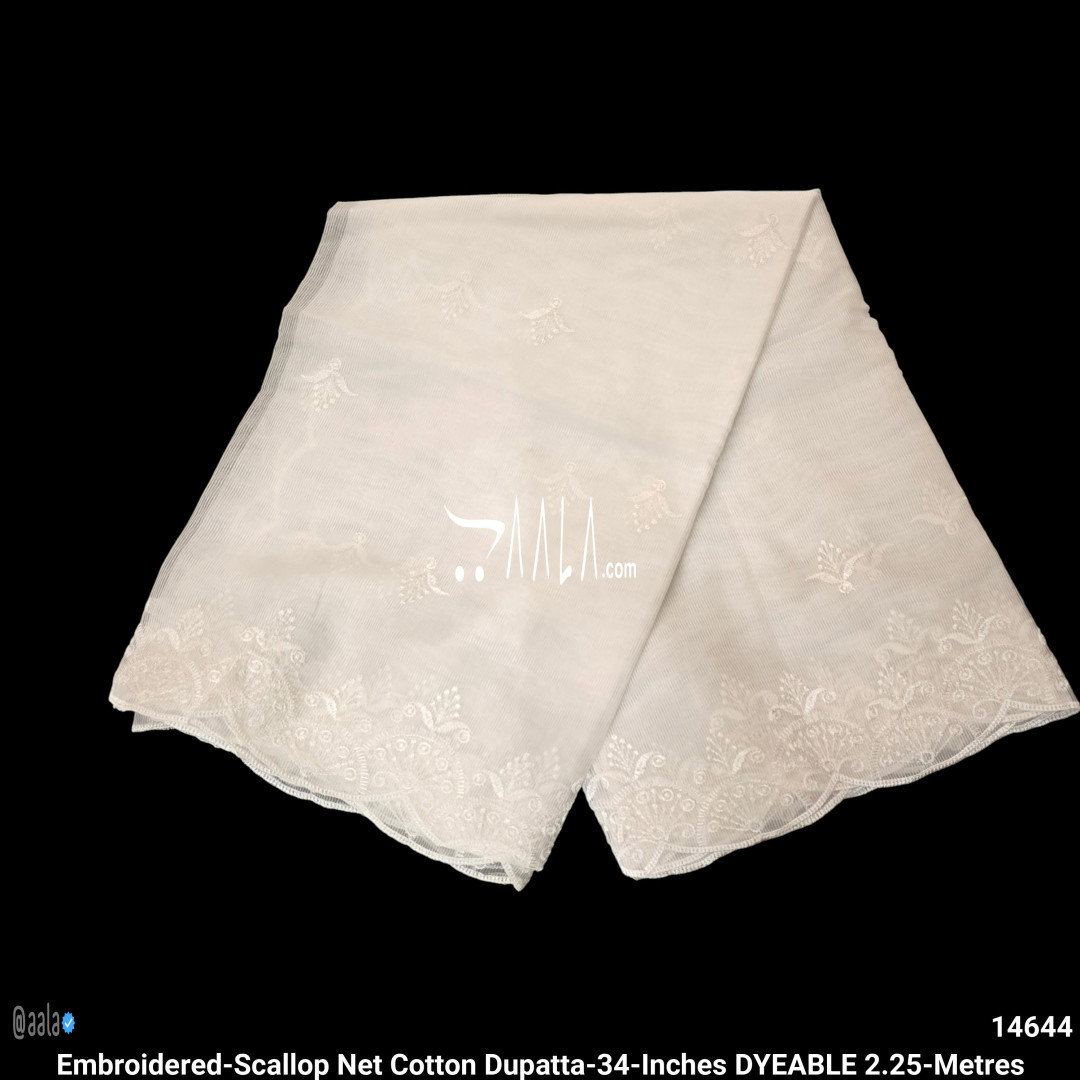 Embroidered-Scallop Net Cotton Dupatta-34-Inches DYEABLE 2.25-Metres