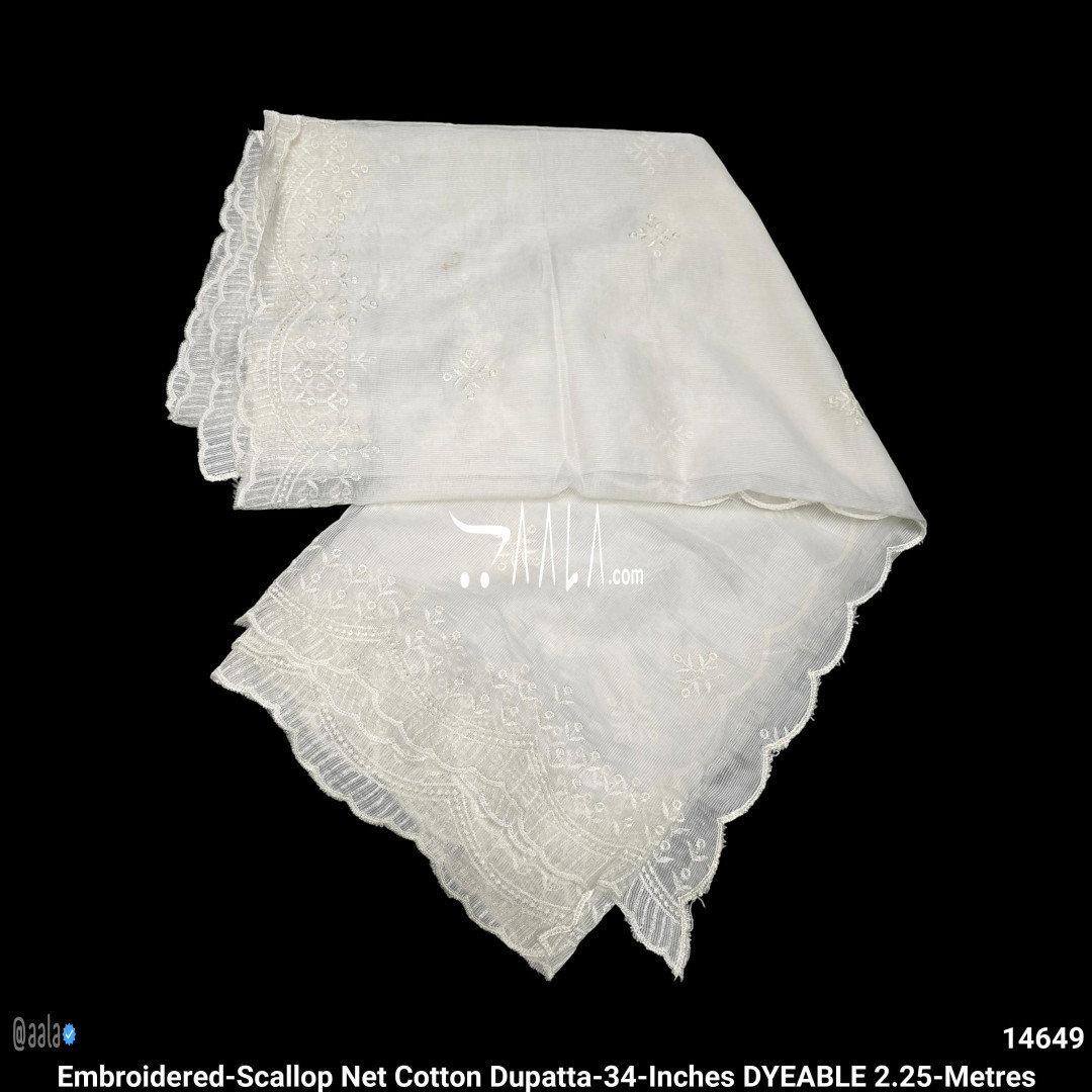 Embroidered-Scallop Net Cotton Dupatta-34-Inches DYEABLE 2.25-Metres
