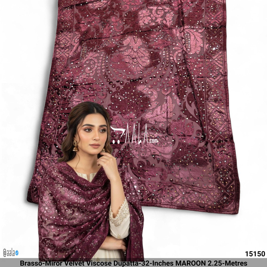 Brasso-Miror Velvet Viscose Dupatta-32-Inches MAROON 2.25-Metres