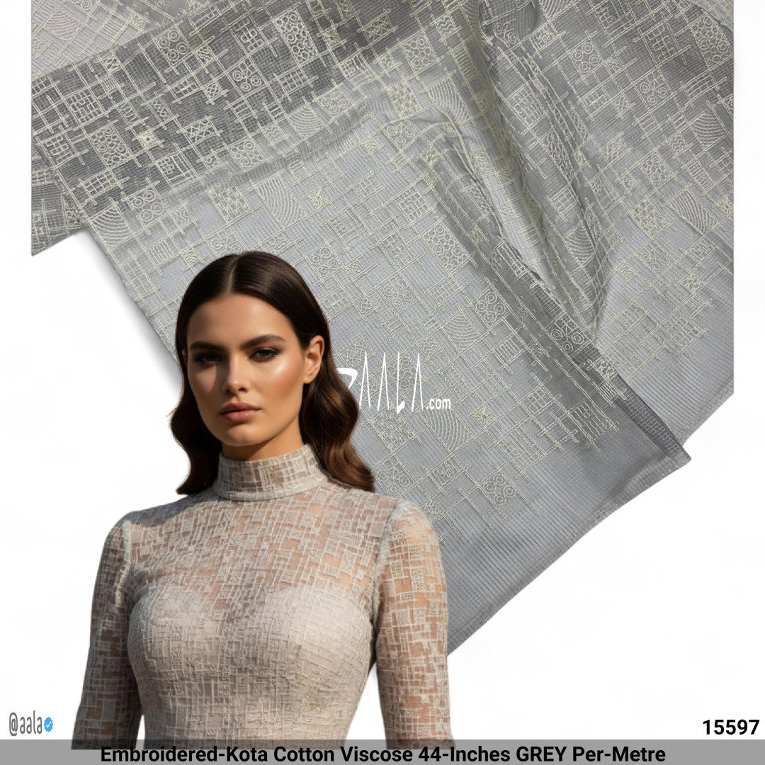 Embroidered-Kota Cotton Viscose 44-Inches GREY Per-Metre