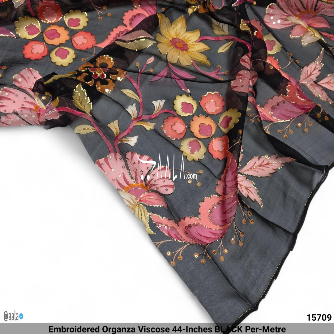 Embroidered Organza Viscose 44-Inches BLACK Per-Metre