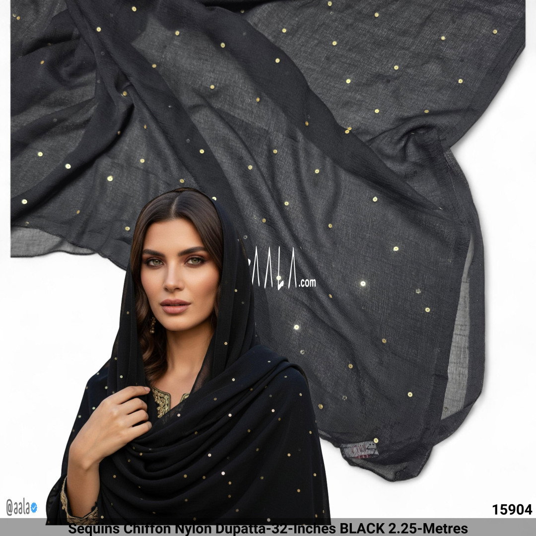 Sequins Chiffon Nylon Dupatta-32-Inches BLACK 2.25-Metres